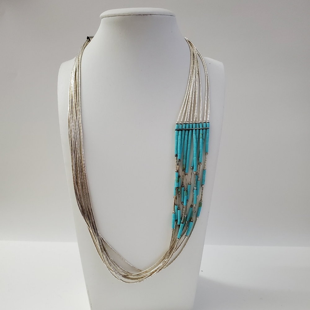 Sterling Silver 925 Turquoise Liquid Silver Necklace - Picture 2 of 4
